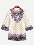 Shein Vintage Print Elbow Sleeve Keyhole Back T-shirt
