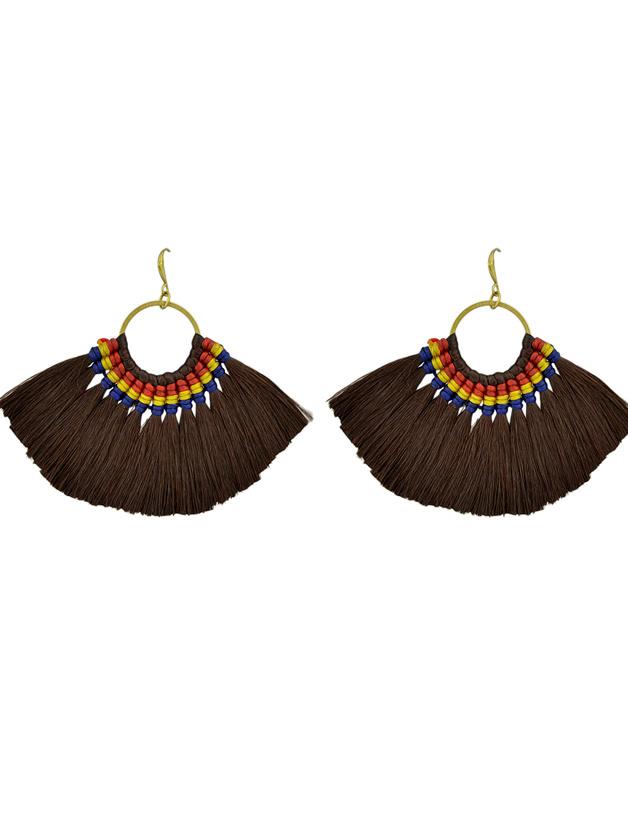 Shein Coffee Boho Fan Shaped Earrings Ethnic Style Tassel Big Earrings