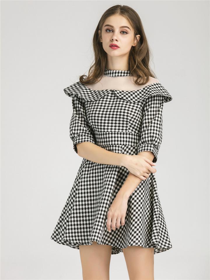 Shein Peter Pan Collar Gingham Contrast Mesh Dress
