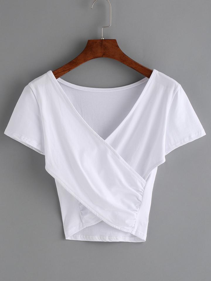 Shein V-neck Cross Wrap Crop T-shirt - White