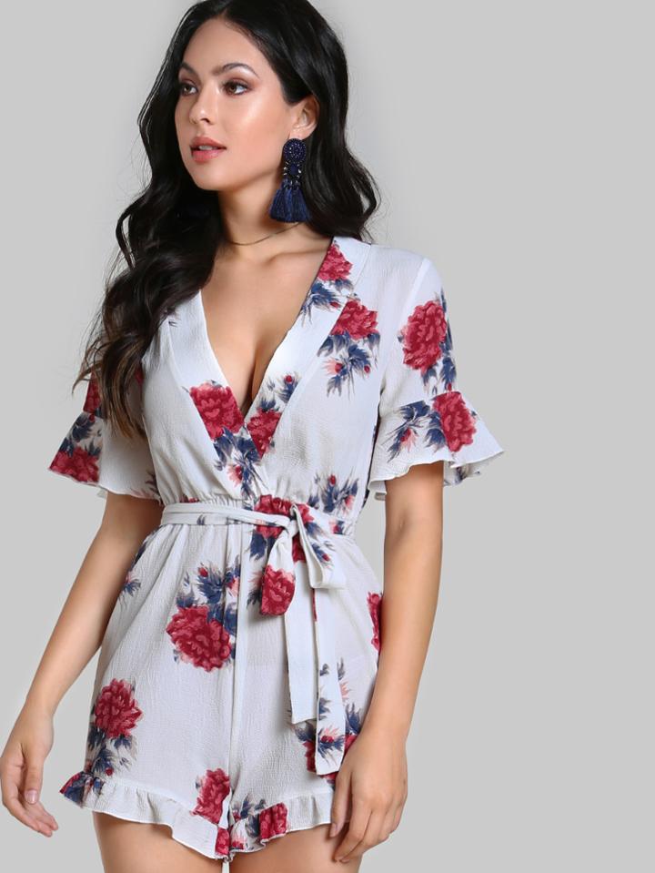 Shein Frill Detail Self Tie Surplice Halter Romper