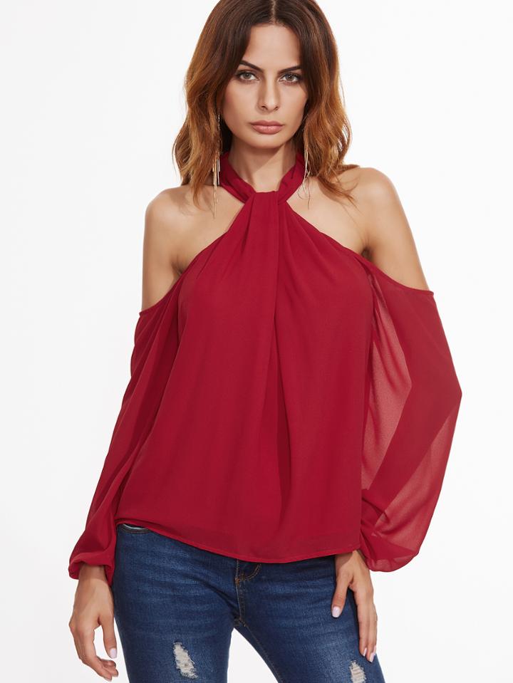 Shein Red Twist Halter Cold Shoulder Zip Back Top