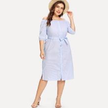 Shein Plus Off-shoulder Split Hem Striped Dress