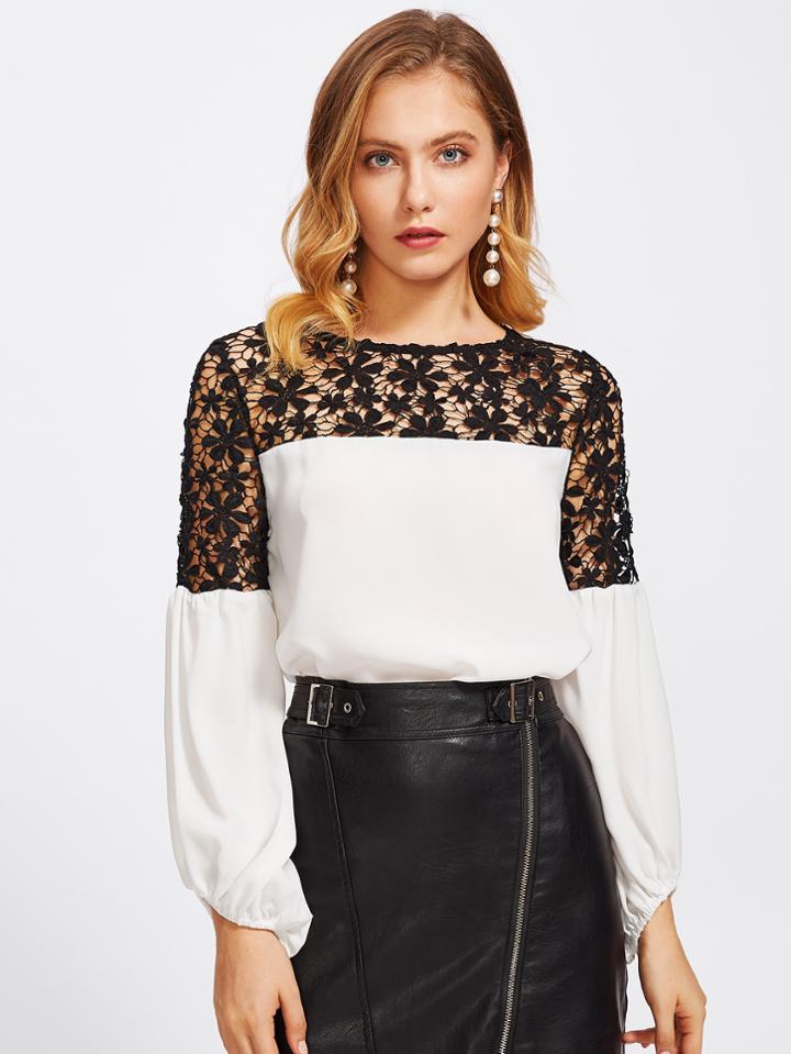 Shein Guipure Lace Yoke Bishop Sleeve Blouse