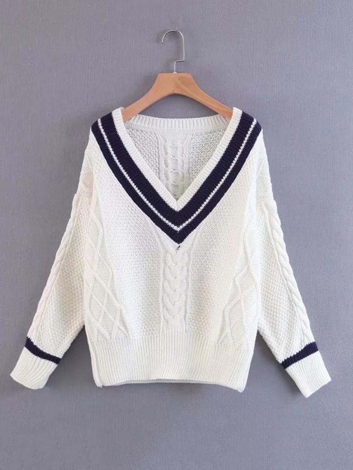 Shein Striped V Neck Cable Knit Sweater