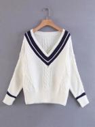 Shein Striped V Neck Cable Knit Sweater