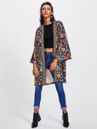 Shein Embroidered Tape Trim Botanical Kimono Coat