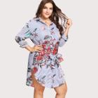 Shein Plus Tie Waist Striped And Floral Shirt Dress