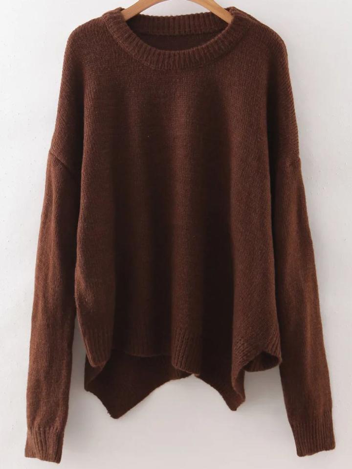 Shein Brown Ribbed Trim Drop Shoulder Asymmetrical Knitwear