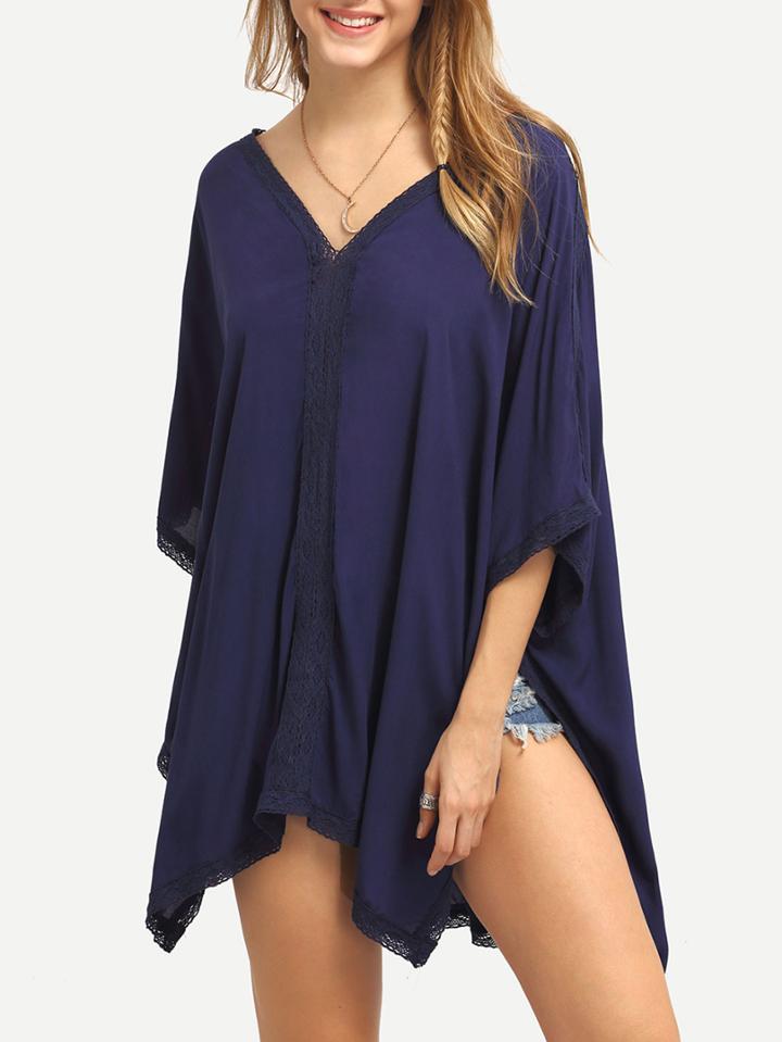 Shein Royal Blue V Neck Lace Trimmed Poncho Dress