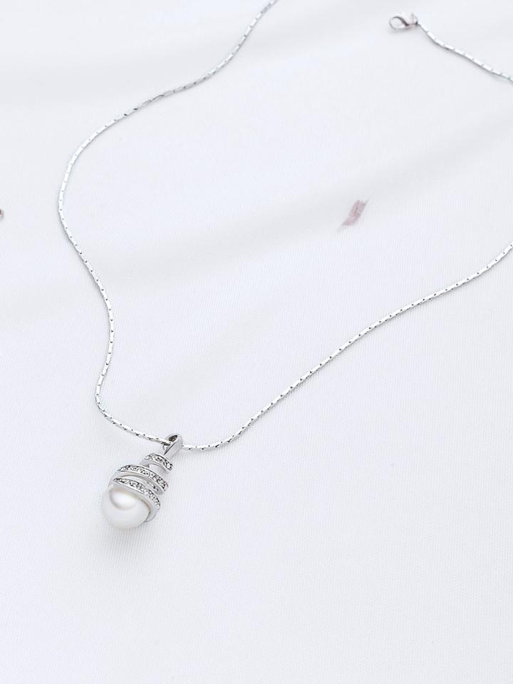 Shein Silver Rope Chain Neckalce With Pearl Pendant