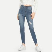 Shein Ripped Raw Hem Faded Wash Jeans