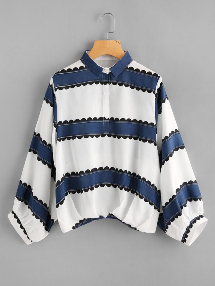 Shein Lantern Sleeve Pleated Detail Contrast Print Shirt