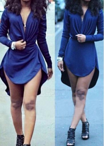 Rosewe Blue Asymmetric Hem Long Sleeve Dress