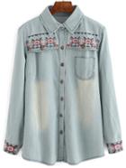 Shein Blue Lapel Bleached Embroidered Denim Blouse