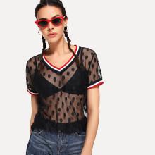 Shein Contrast Striped Trim Sheer Dot Mesh Tee