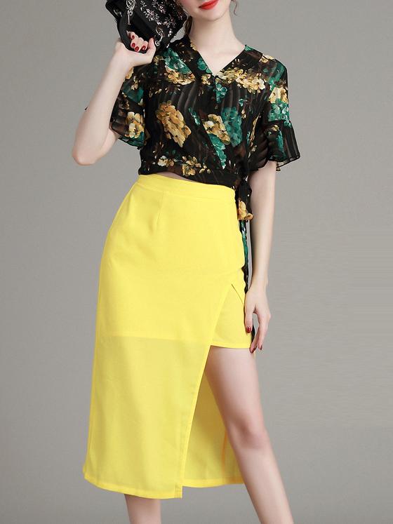 Shein Black Yellow Print Top With Split Skirt