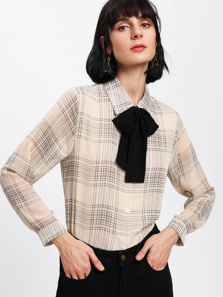 Shein Tartan Plaid Bow Tie Neck Shirt