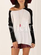 Shein White Black Long Sleeve Color Block T-shirt