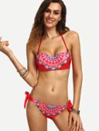 Shein Vintage Print Side-tie Bikini Set - Red