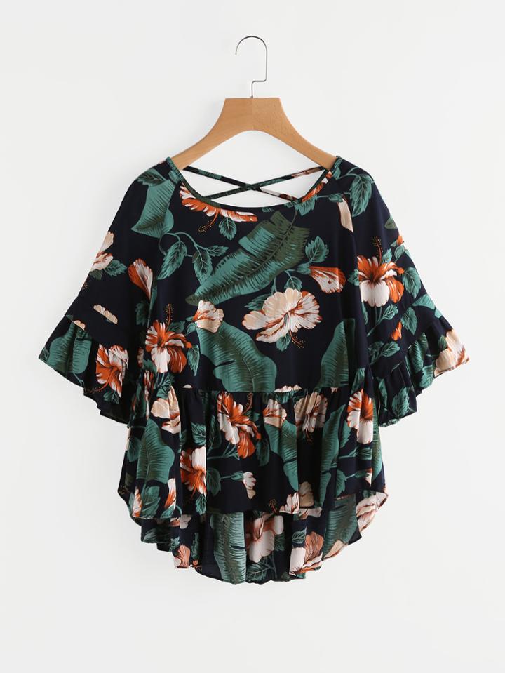Shein Tropical Print Crisscross Back Frill Blouse
