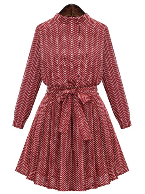 Shein Red Wave Pattern Stand Collar Belted Dress