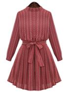 Shein Red Wave Pattern Stand Collar Belted Dress