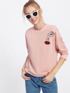 Shein Beaded Red Lip Eye Print Pullover