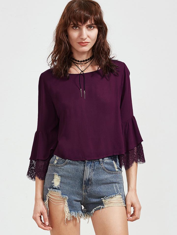 Shein Purple Bell Sleeve Contrast Lace Keyhole Back Blouse
