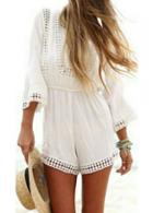 Rosewe White Chiffon V Neck Flare Sleeve Hollowed Romper