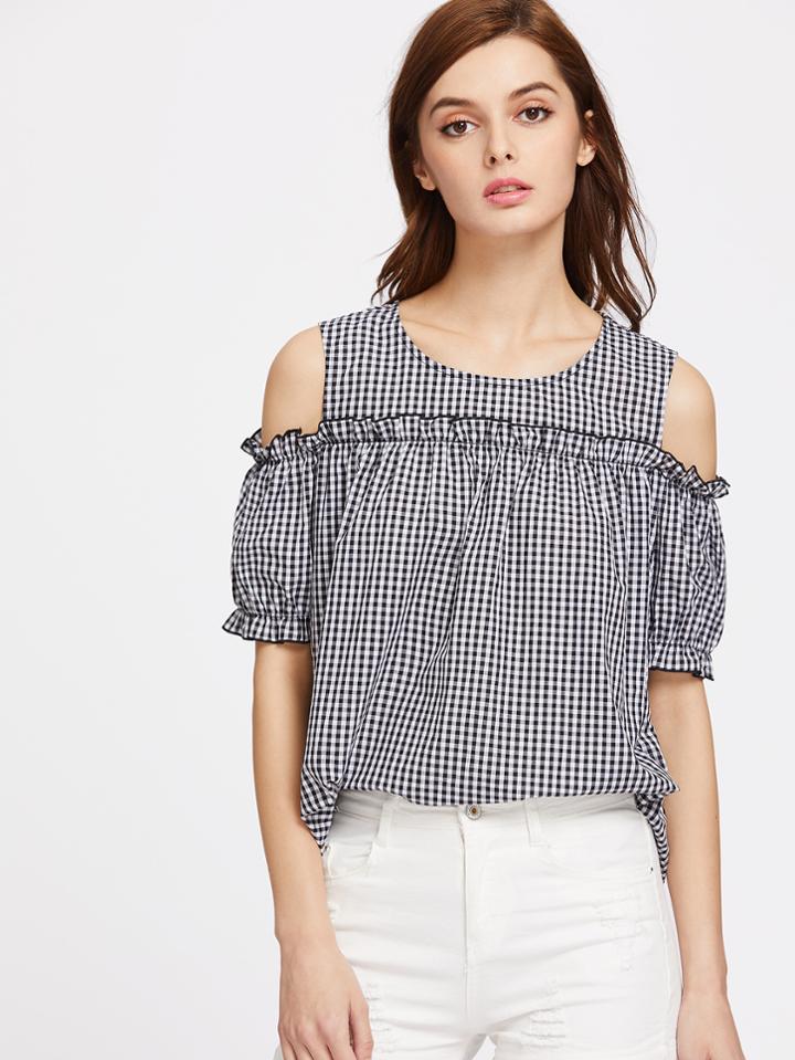 Shein Gingham Open Shoulder Frill Trim Top