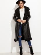 Shein Black Buckle Strap Front Faux Leather Shearling Coat