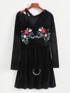 Shein Cut Out Detail Embroidery Velvet Dress