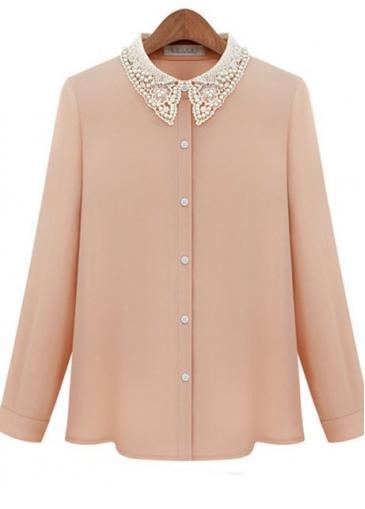 Rosewe Ladylike Hollow Lace Collar Pink Single Breasted Work Shirts