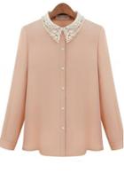 Rosewe Ladylike Hollow Lace Collar Pink Single Breasted Work Shirts