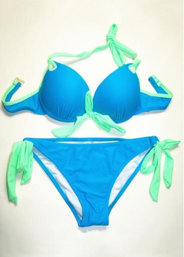 Rosewe Green Strings Contrast Blue Push Up Two Piece Swimsuit