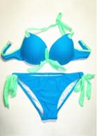 Rosewe Green Strings Contrast Blue Push Up Two Piece Swimsuit