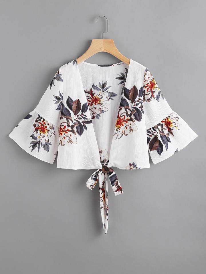 Shein Random Florals Bell Sleeve Tie Front Top