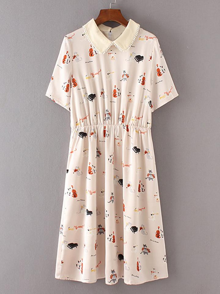 Shein Cat Print Pom Pom Trim Pleated Dress