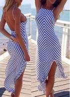 Rosewe Oblique Stripe Print Open Back Side Slit Maxi Dress