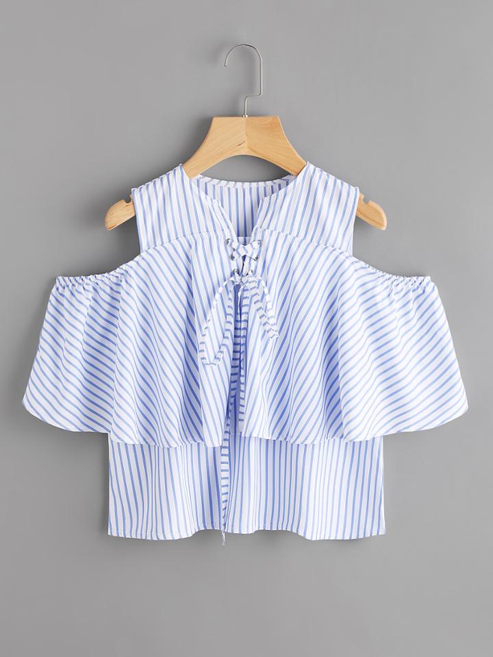 Shein Flounce Layered Open Shoulder Lace Up Striped Top