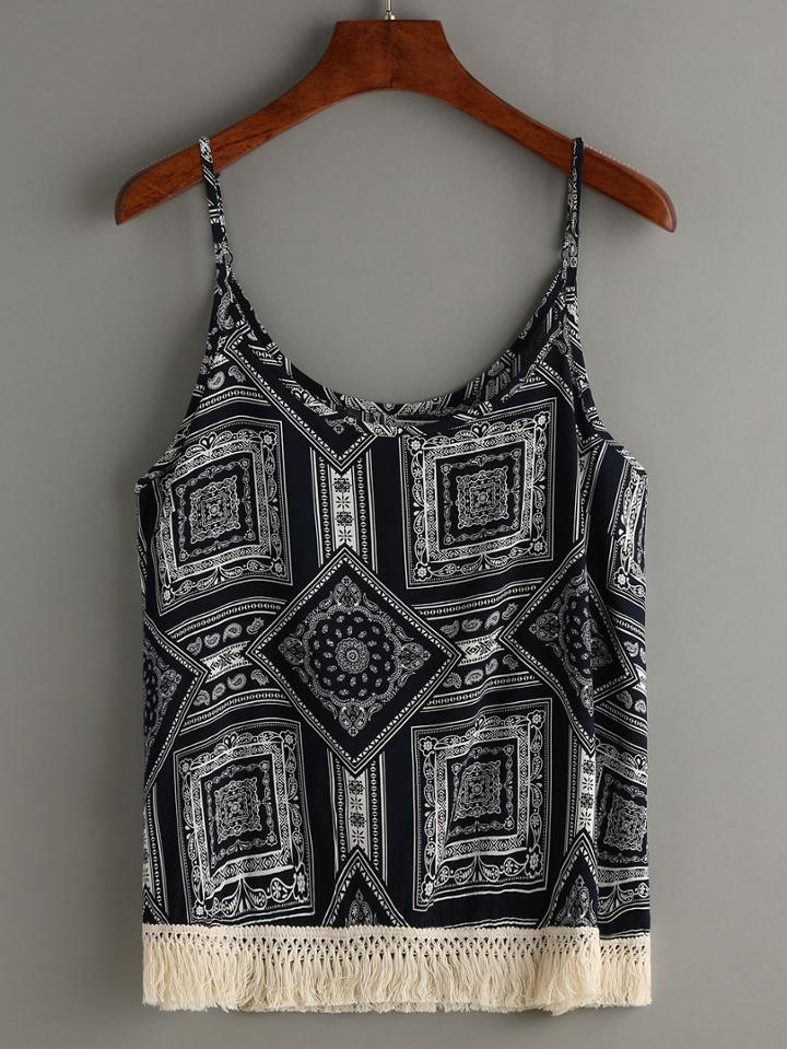Shein Navy Paisley Print Macrame Fringe Trimmed Cami Top
