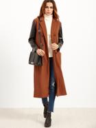 Shein Brick Red Double Breasted Contrast Faux Leather Sleeve Coat