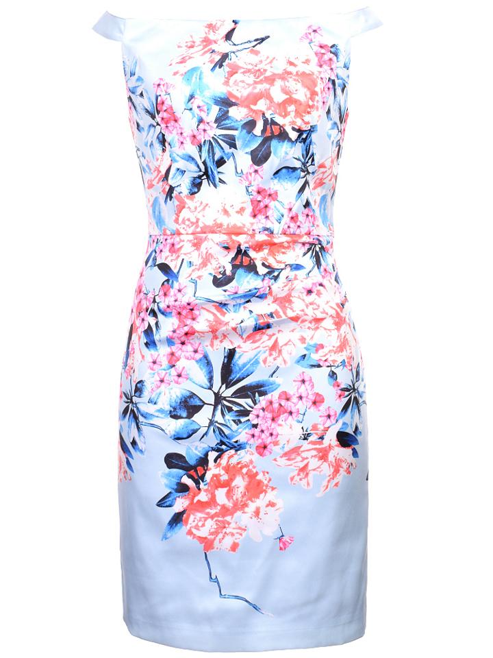 Shein Blue Off The Shoulder Floral Sheath Dress