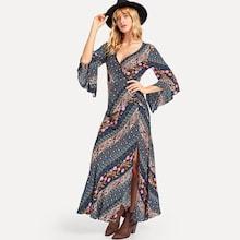 Shein Wrap Bell Sleeve Flower Print Dress