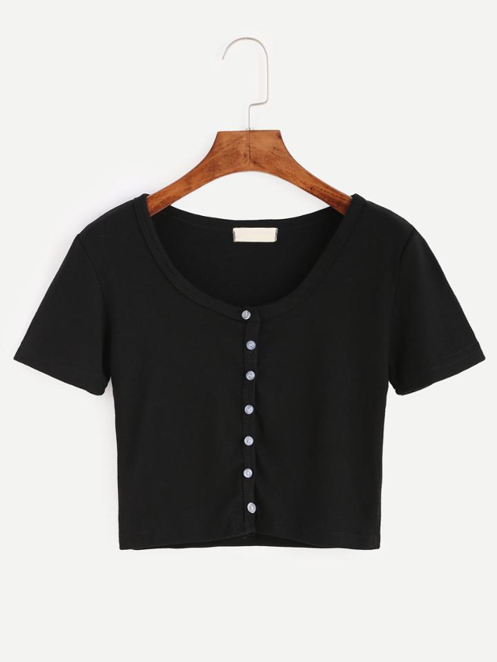 Shein Black Button Front Crop T-shirt