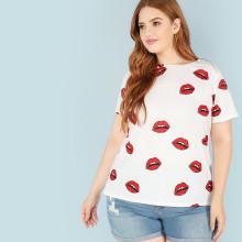 Shein Plus Allover Red Lip Print Tee