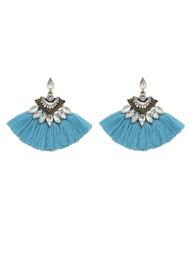 Shein Blue Luxury Rhinestone With Long Tassel Sector Shape Bohemian Earrings