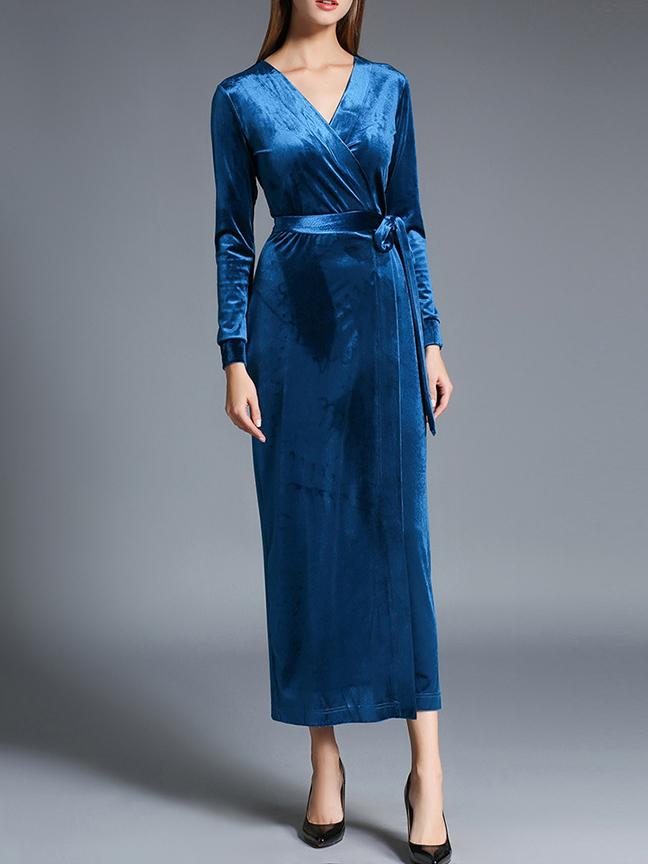 Shein Blue V Neck Tie-waist Velvet Sheath Dress