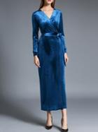 Shein Blue V Neck Tie-waist Velvet Sheath Dress